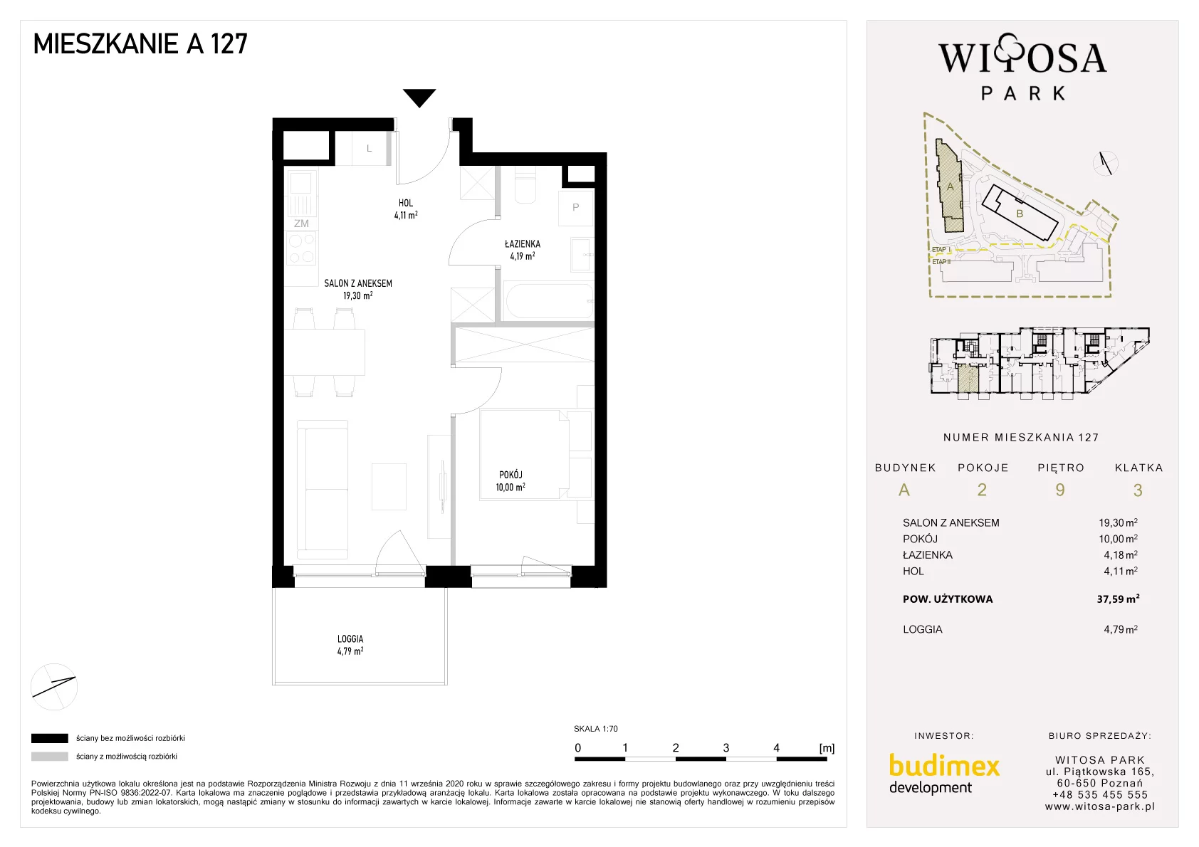 2 pokoje, mieszkanie 37,59 m², piętro 9, oferta nr A/127, Witosa Park, Poznań, Winiary, Winiary, ul. Piątkowska 165 A-B
