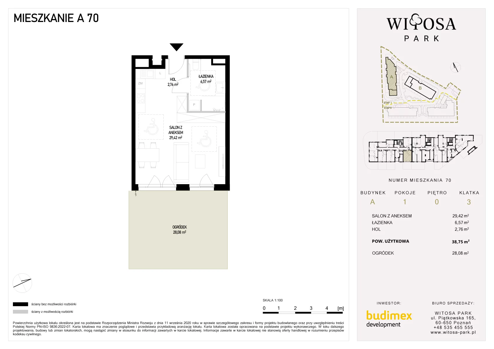 1 pokój, mieszkanie 38,75 m², parter, oferta nr A/70, Witosa Park, Poznań, Winiary, Winiary, ul. Piątkowska 165 A-B