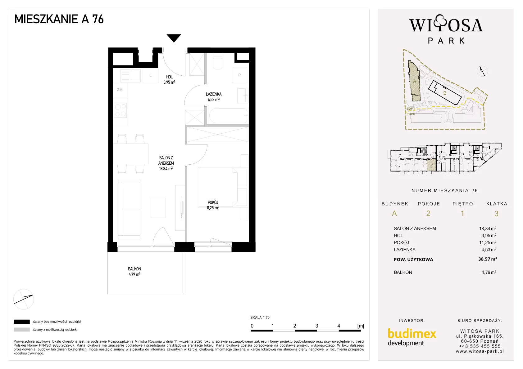 2 pokoje, mieszkanie 38,57 m², piętro 1, oferta nr A/76, Witosa Park, Poznań, Winiary, Winiary, ul. Piątkowska 165 A-B