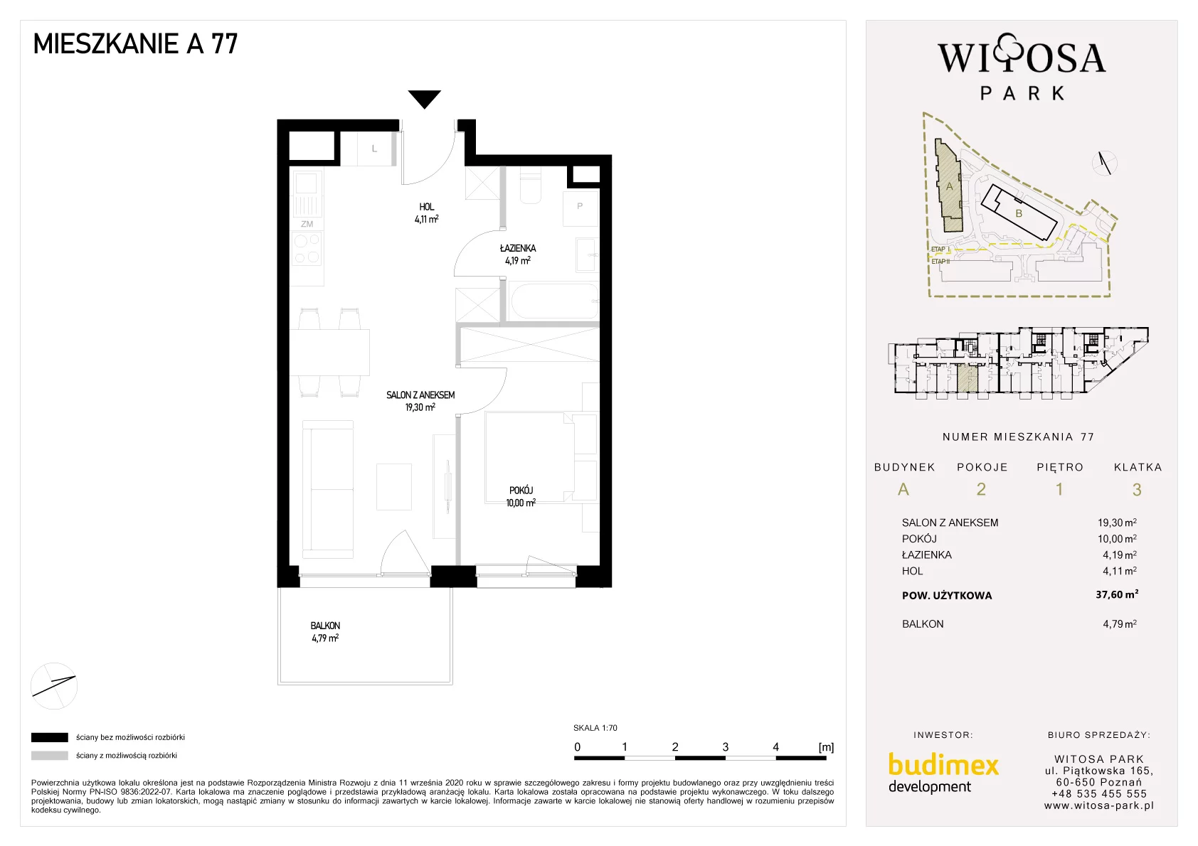 2 pokoje, mieszkanie 37,60 m², piętro 1, oferta nr A/77, Witosa Park, Poznań, Winiary, Winiary, ul. Piątkowska 165 A-B