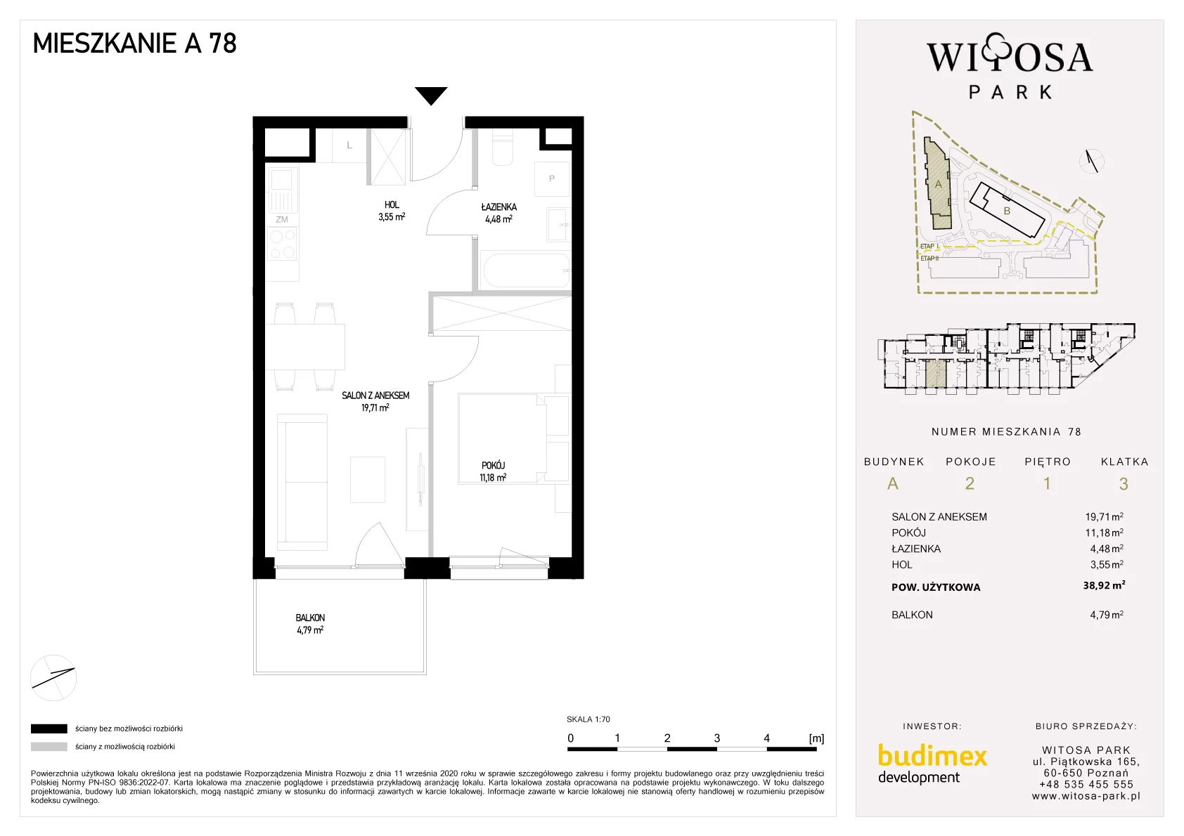 2 pokoje, mieszkanie 38,92 m², piętro 1, oferta nr A/78, Witosa Park, Poznań, Winiary, Winiary, ul. Piątkowska 165 A-B