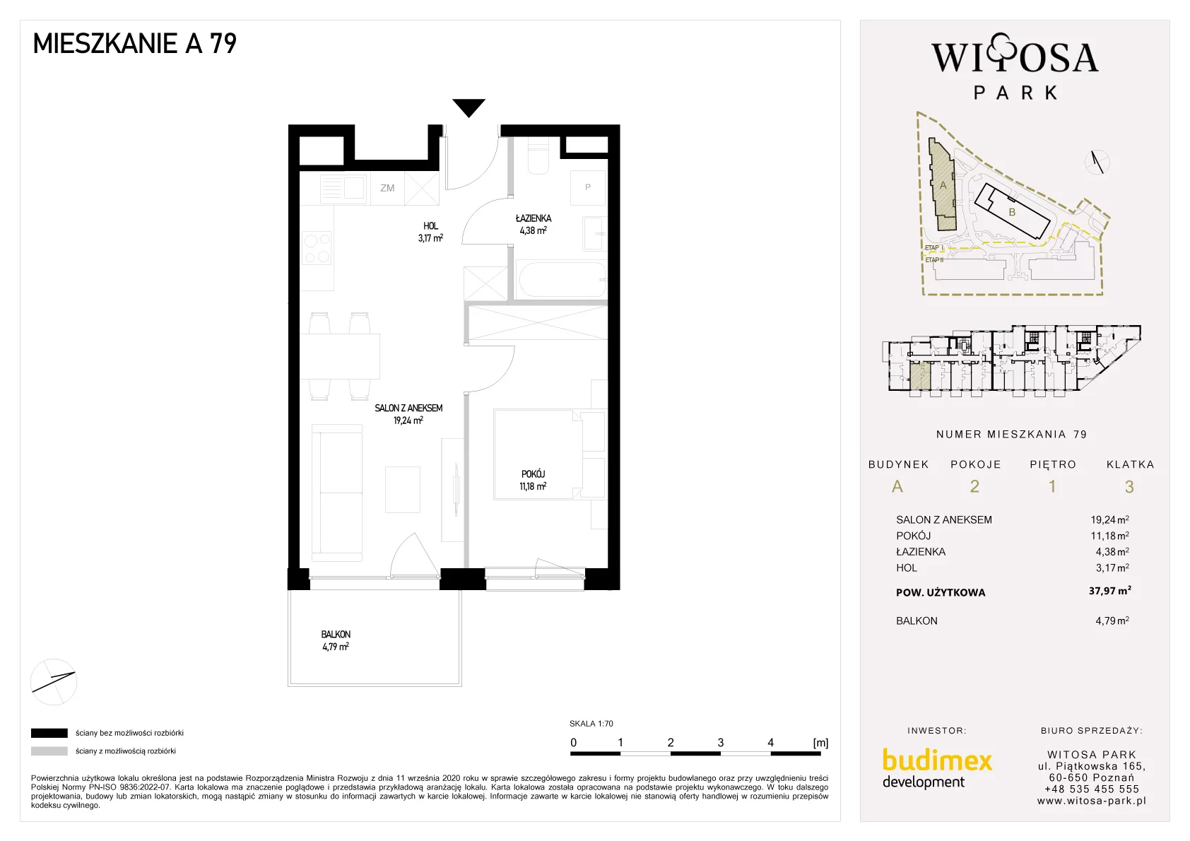 2 pokoje, mieszkanie 37,97 m², piętro 1, oferta nr A/79, Witosa Park, Poznań, Winiary, Winiary, ul. Piątkowska 165 A-B