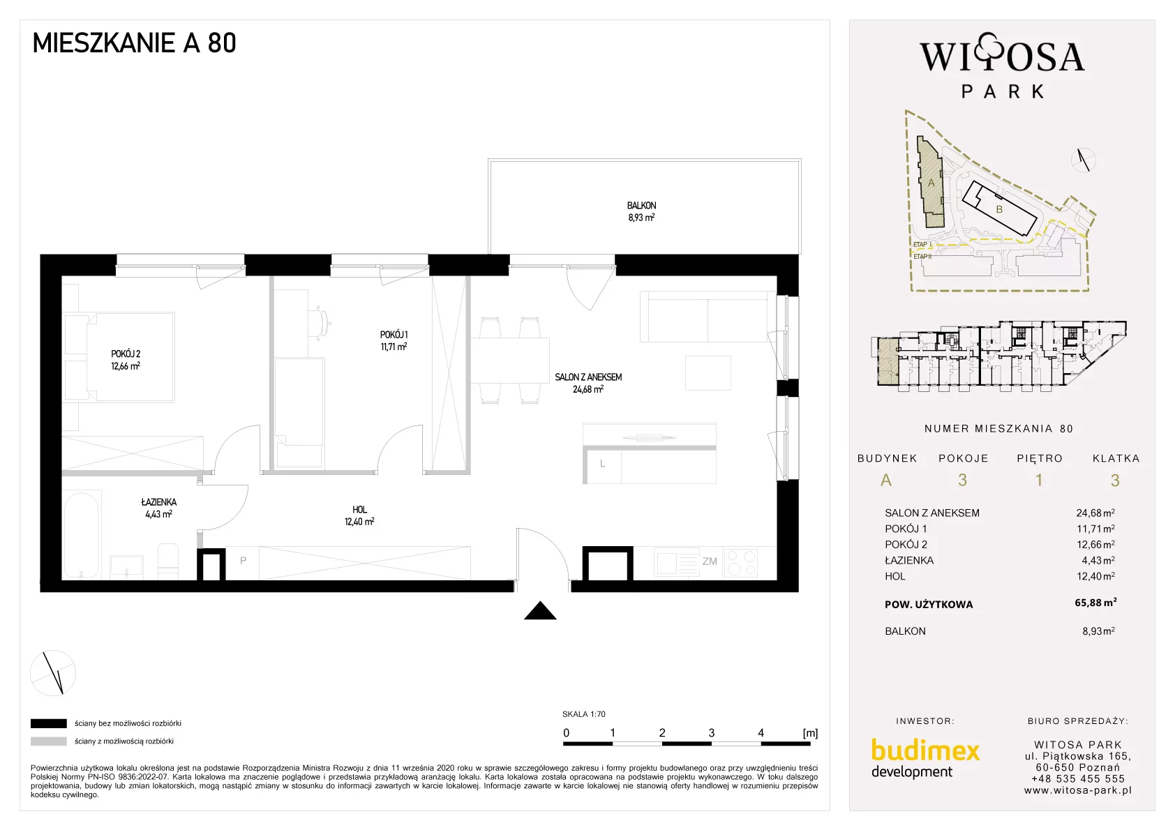 3 pokoje, mieszkanie 65,88 m², piętro 1, oferta nr A/80, Witosa Park, Poznań, Winiary, Winiary, ul. Piątkowska 165 A-B