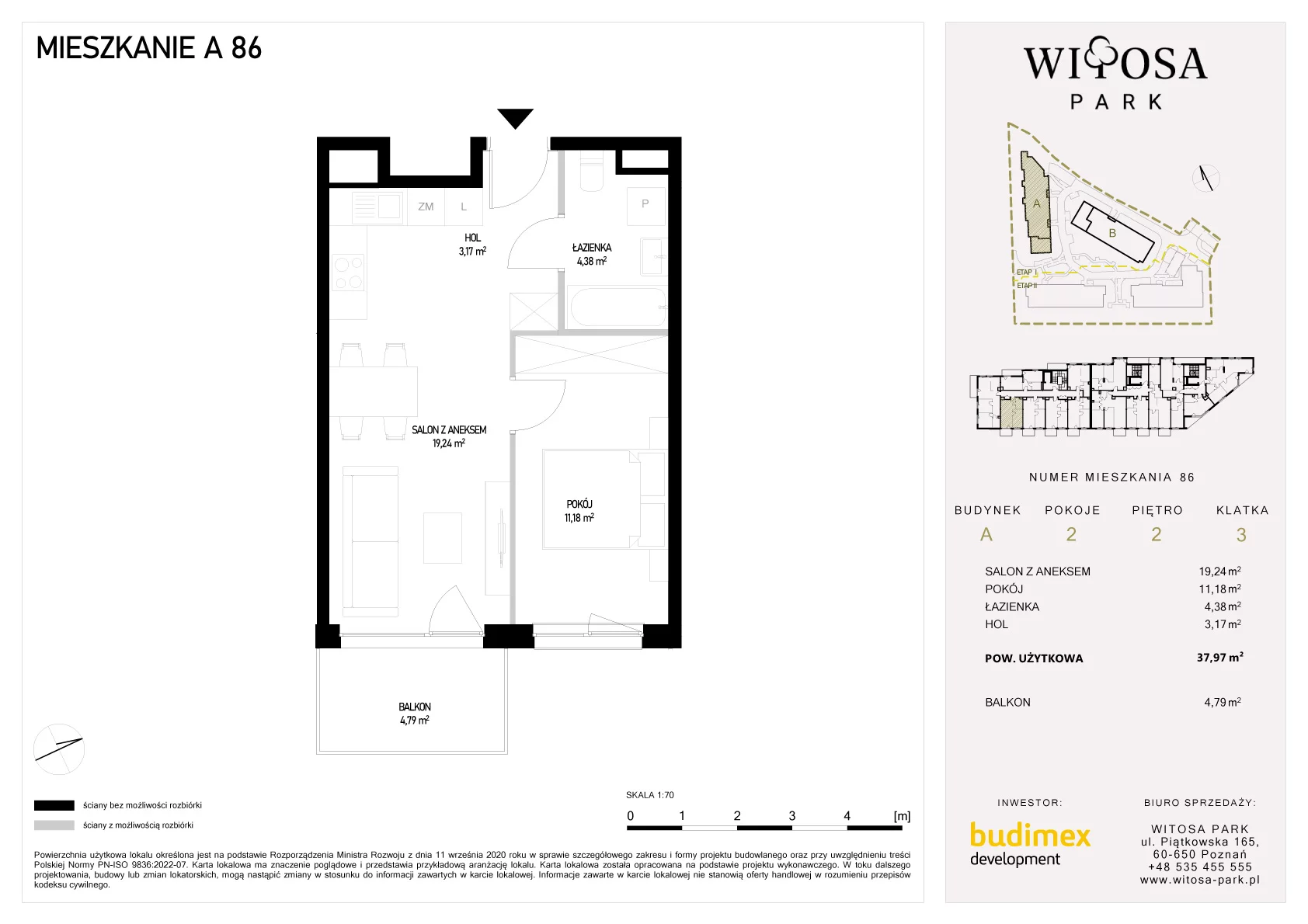 2 pokoje, mieszkanie 37,97 m², piętro 2, oferta nr A/86, Witosa Park, Poznań, Winiary, Winiary, ul. Piątkowska 165 A-B