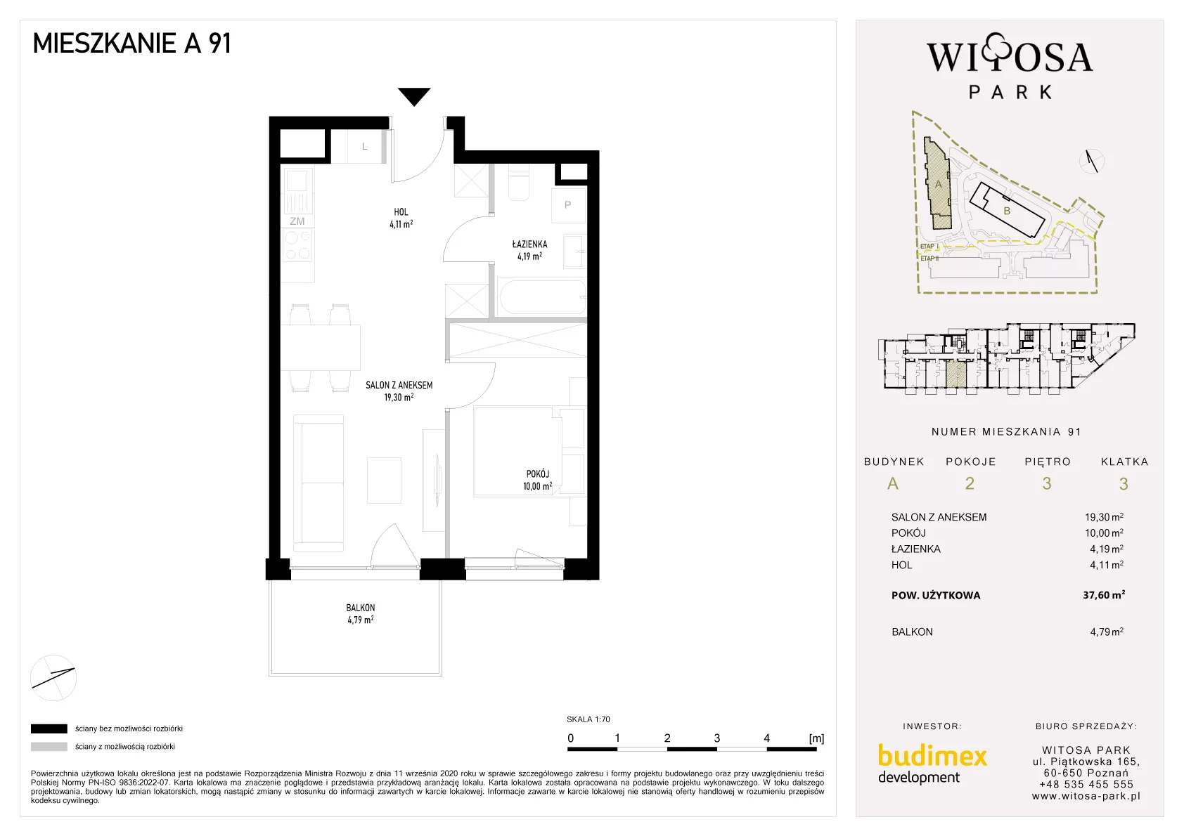 2 pokoje, mieszkanie 37,60 m², piętro 3, oferta nr A/91, Witosa Park, Poznań, Winiary, Winiary, ul. Piątkowska 165 A-B