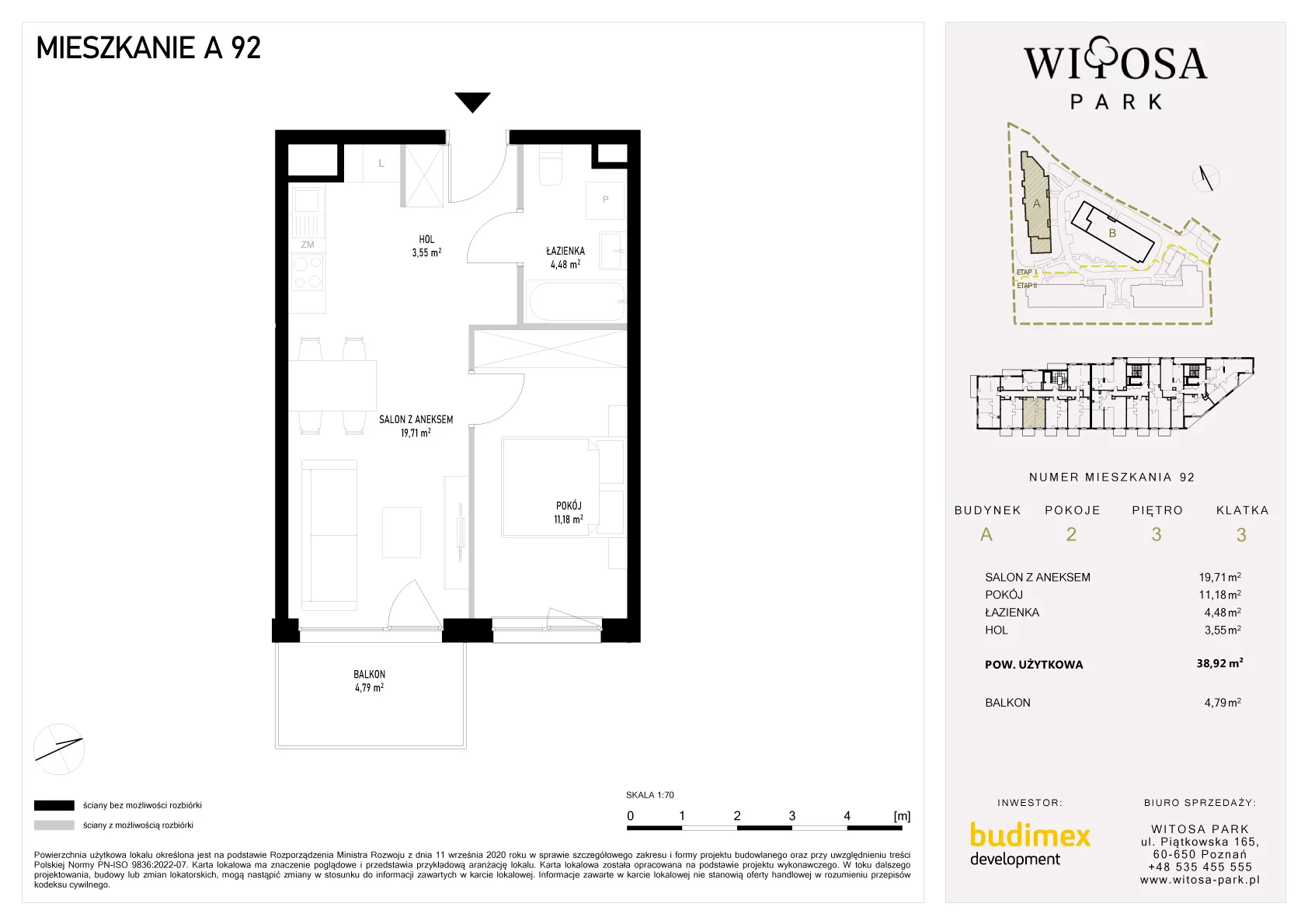 2 pokoje, mieszkanie 38,92 m², piętro 3, oferta nr A/92, Witosa Park, Poznań, Winiary, Winiary, ul. Piątkowska 165 A-B