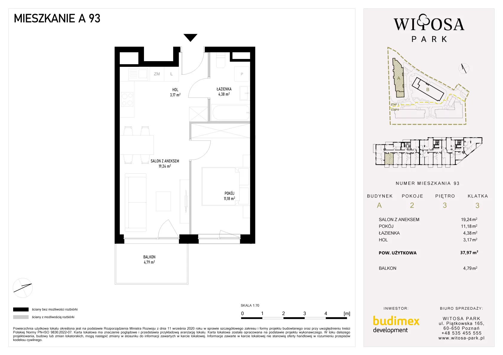 2 pokoje, mieszkanie 37,97 m², piętro 3, oferta nr A/93, Witosa Park, Poznań, Winiary, Winiary, ul. Piątkowska 165 A-B