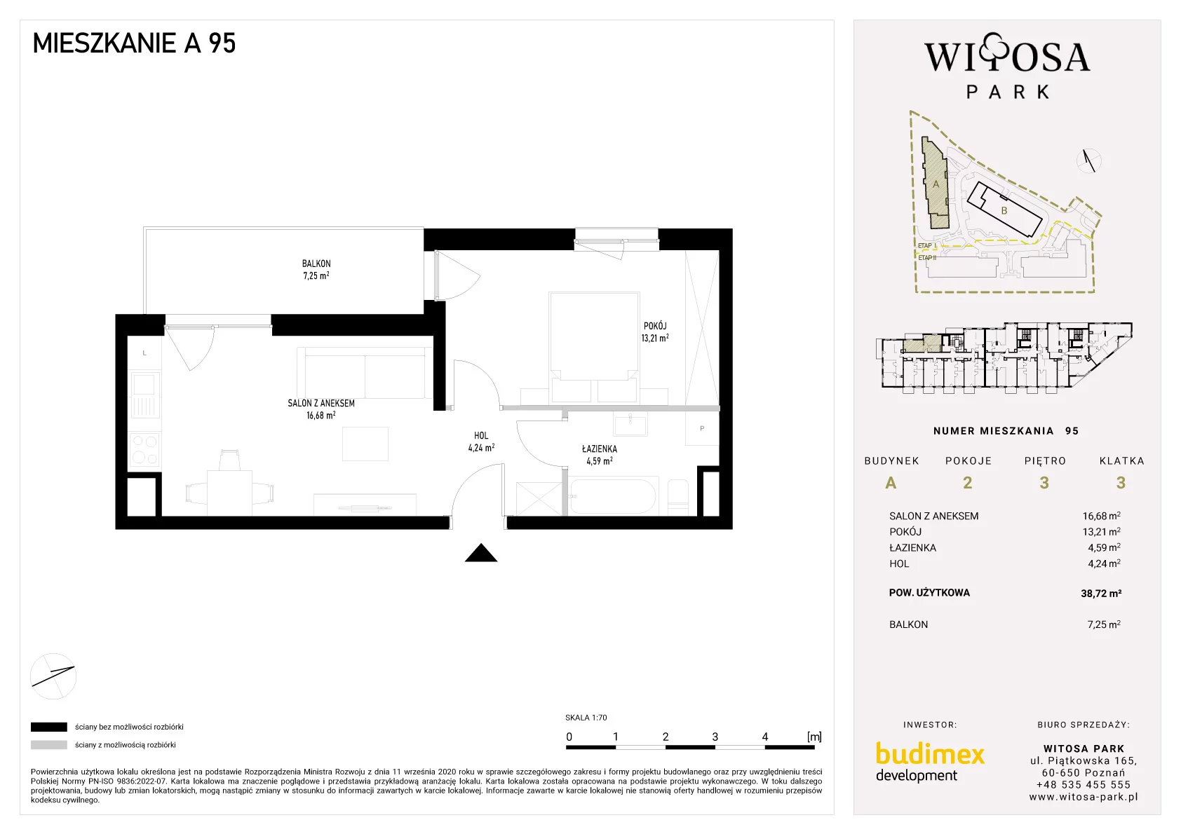 2 pokoje, mieszkanie 38,72 m², piętro 3, oferta nr A/95, Witosa Park, Poznań, Winiary, Winiary, ul. Piątkowska 165 A-B