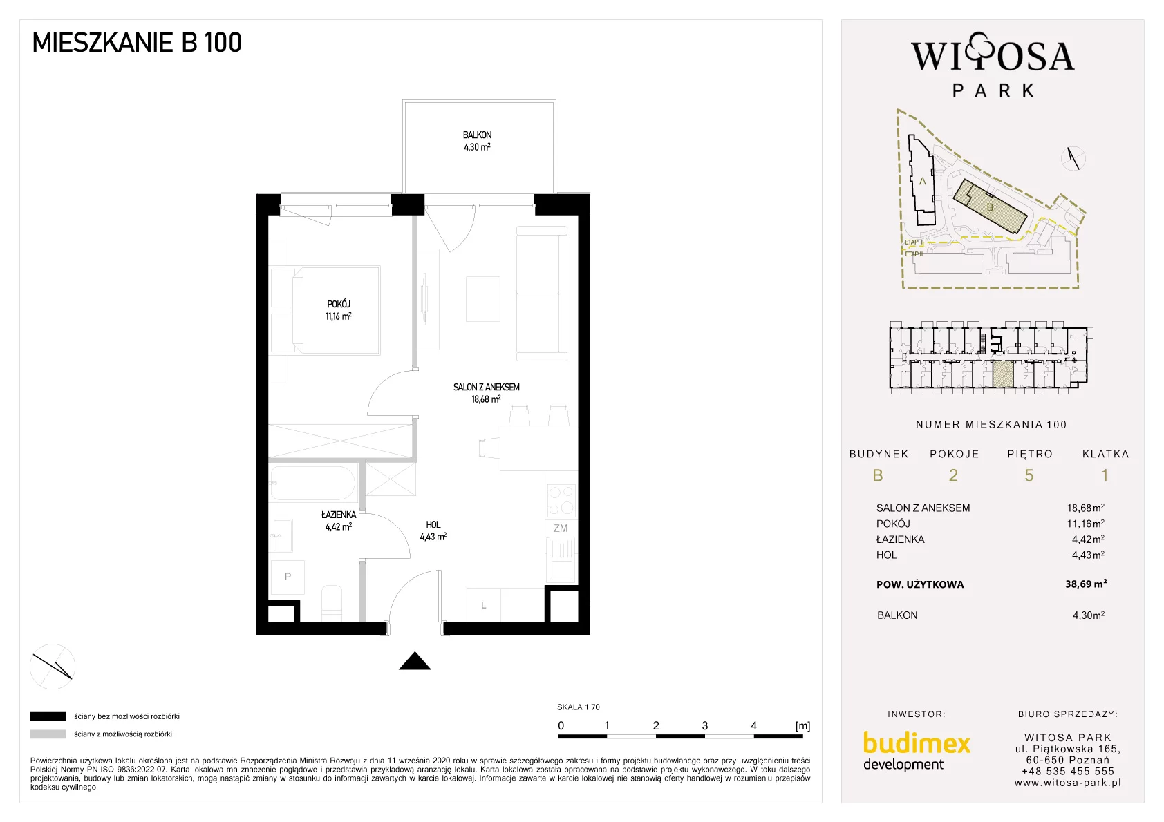 2 pokoje, mieszkanie 38,69 m², piętro 5, oferta nr B/100, Witosa Park, Poznań, Winiary, Winiary, ul. Piątkowska 165 A-B
