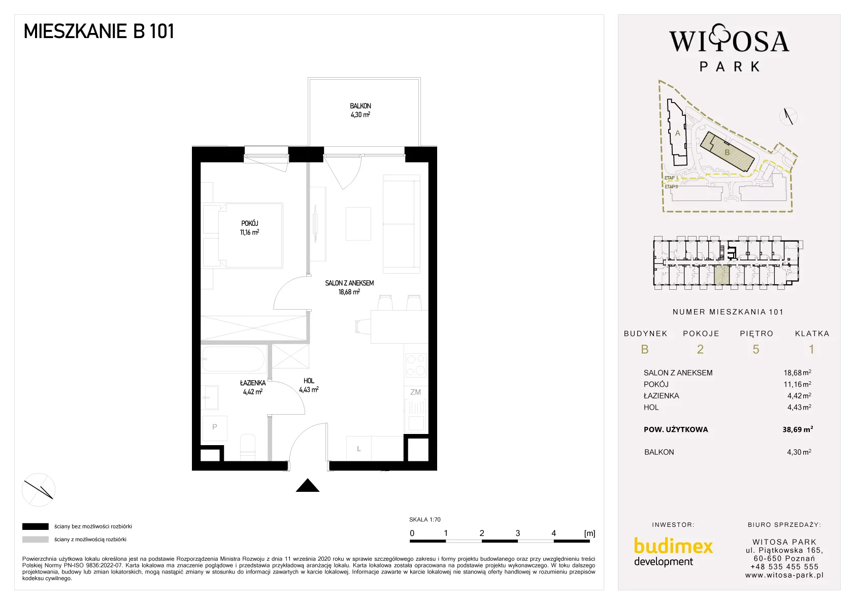 2 pokoje, mieszkanie 38,69 m², piętro 5, oferta nr B/101, Witosa Park, Poznań, Winiary, Winiary, ul. Piątkowska 165 A-B