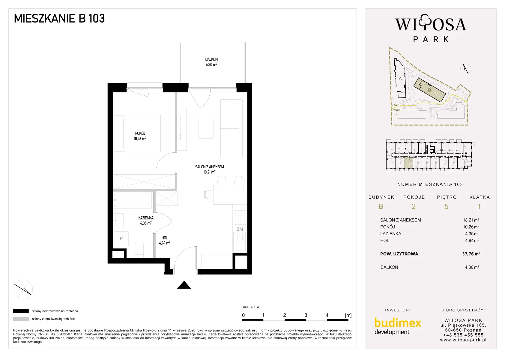 2 pokoje, mieszkanie 37,76 m², piętro 5, oferta nr B/103, Witosa Park, Poznań, Winiary, Winiary, ul. Piątkowska 165 A-B