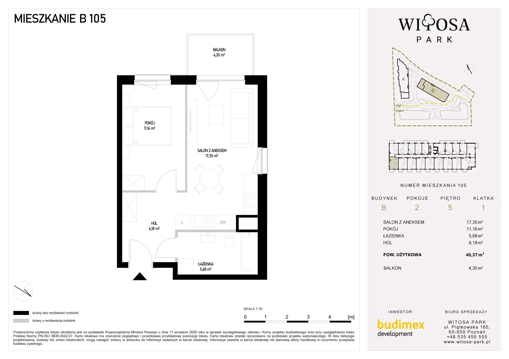 2 pokoje, mieszkanie 40,37 m², piętro 5, oferta nr B/105, Witosa Park, Poznań, Winiary, Winiary, ul. Piątkowska 165 A-B