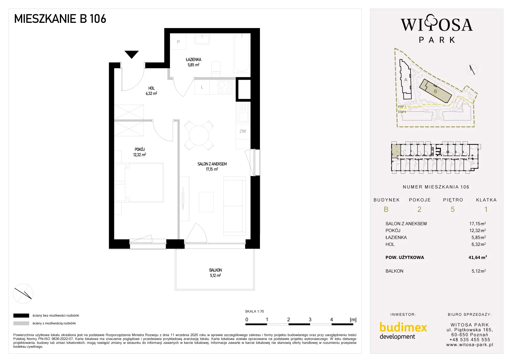 2 pokoje, mieszkanie 41,64 m², piętro 5, oferta nr B/106, Witosa Park, Poznań, Winiary, Winiary, ul. Piątkowska 165 A-B