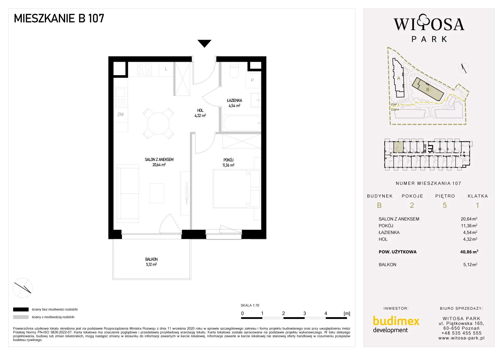 2 pokoje, mieszkanie 40,86 m², piętro 5, oferta nr B/107, Witosa Park, Poznań, Winiary, Winiary, ul. Piątkowska 165 A-B