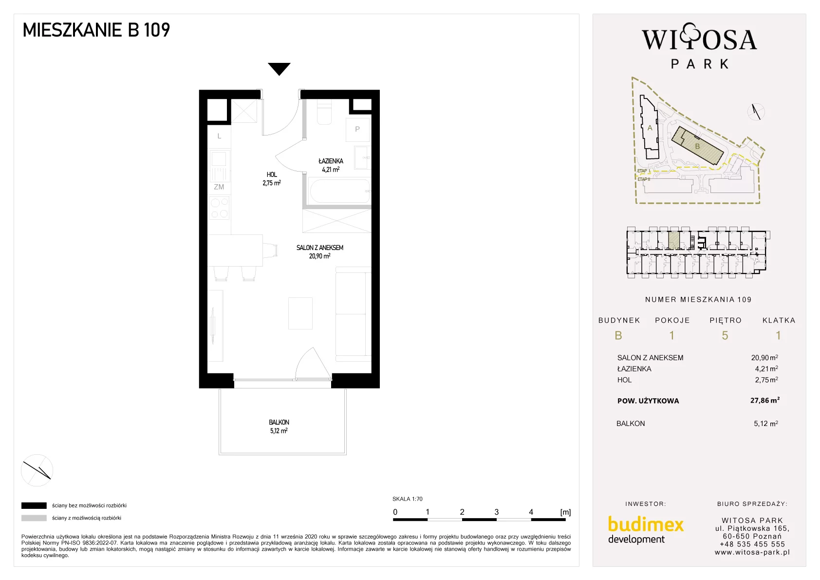 1 pokój, mieszkanie 27,86 m², piętro 5, oferta nr B/109, Witosa Park, Poznań, Winiary, Winiary, ul. Piątkowska 165 A-B