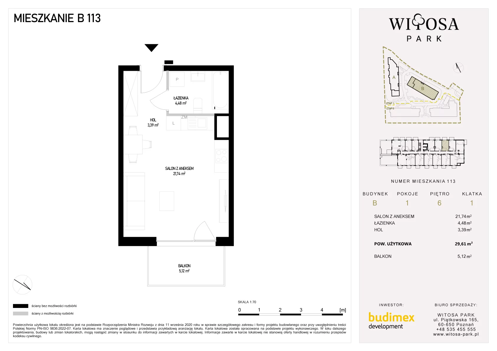 1 pokój, mieszkanie 29,61 m², piętro 6, oferta nr B/113, Witosa Park, Poznań, Winiary, Winiary, ul. Piątkowska 165 A-B