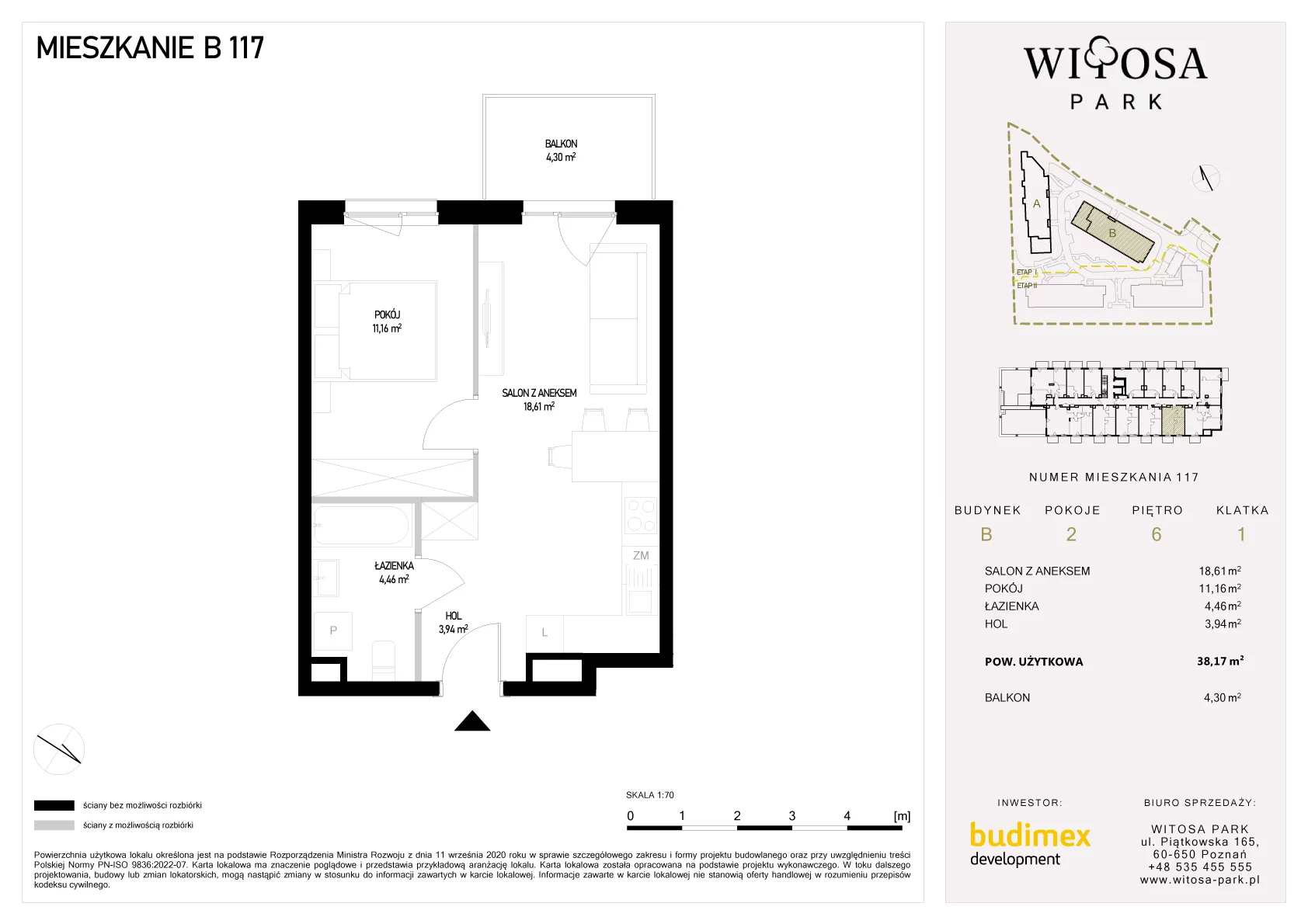 2 pokoje, mieszkanie 38,17 m², piętro 6, oferta nr B/117, Witosa Park, Poznań, Winiary, Winiary, ul. Piątkowska 165 A-B