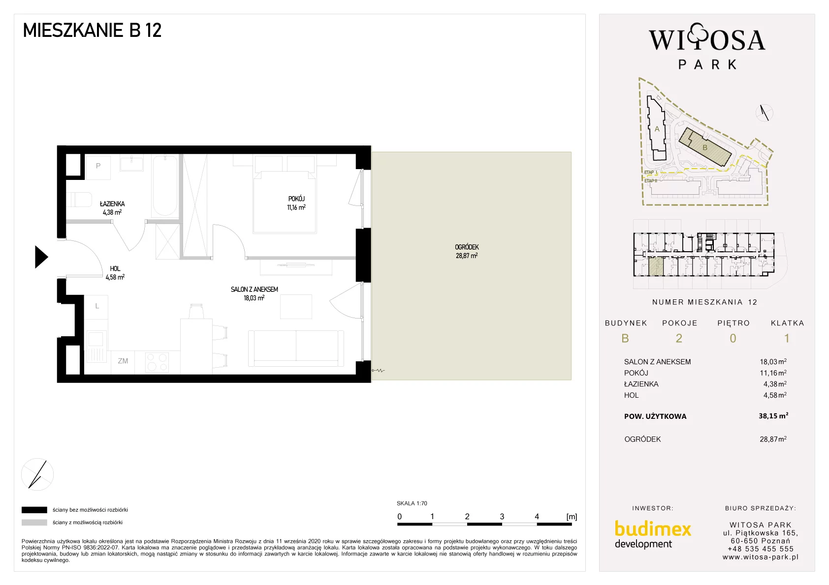 2 pokoje, mieszkanie 38,15 m², parter, oferta nr B/12, Witosa Park, Poznań, Winiary, Winiary, ul. Piątkowska 165 A-B