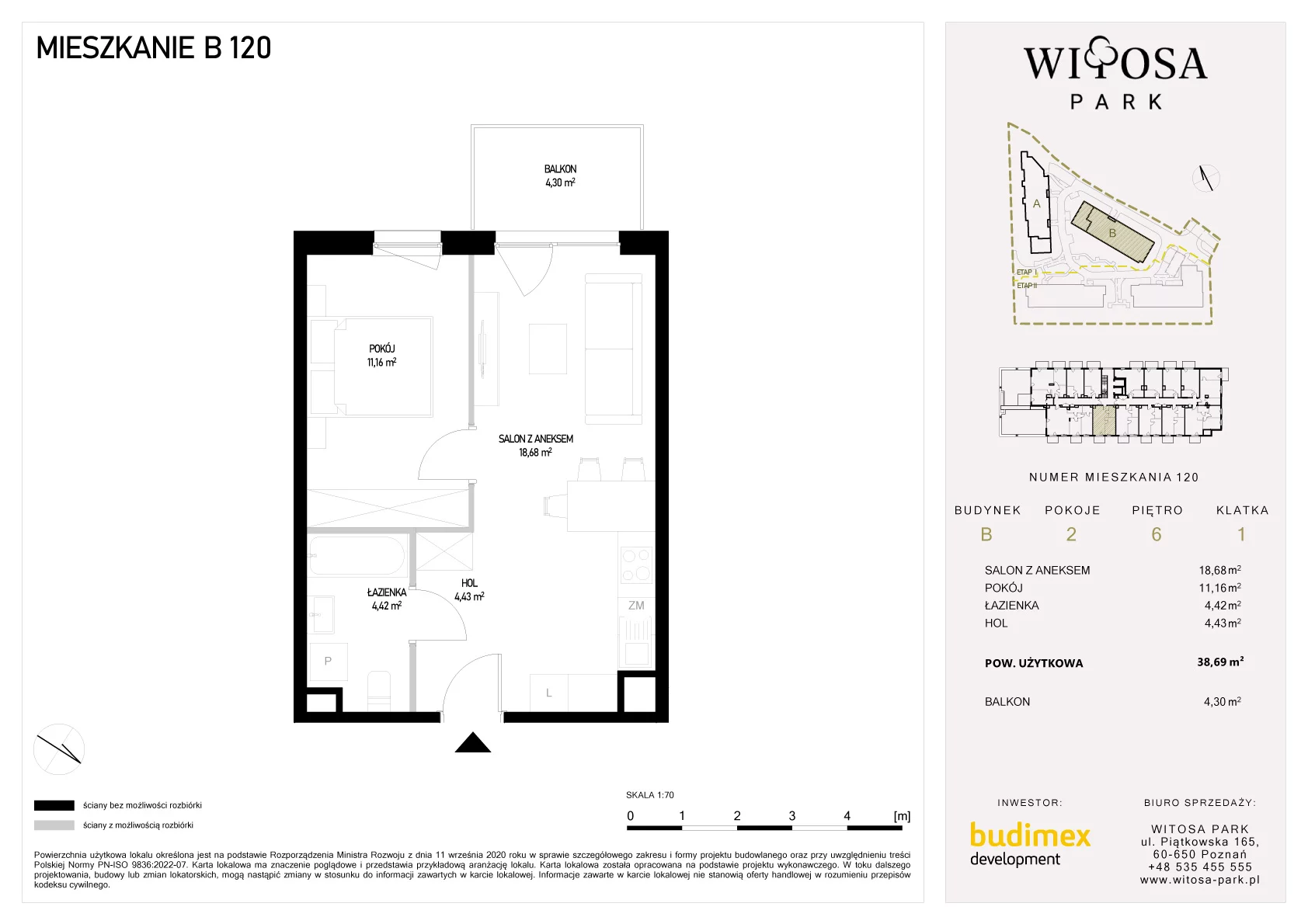 2 pokoje, mieszkanie 38,69 m², piętro 6, oferta nr B/120, Witosa Park, Poznań, Winiary, Winiary, ul. Piątkowska 165 A-B