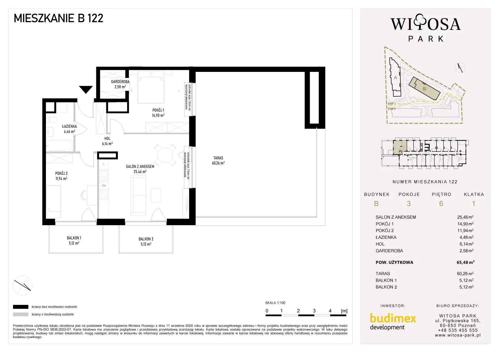 3 pokoje, mieszkanie 65,48 m², piętro 6, oferta nr B/122, Witosa Park, Poznań, Winiary, Winiary, ul. Piątkowska 165 A-B