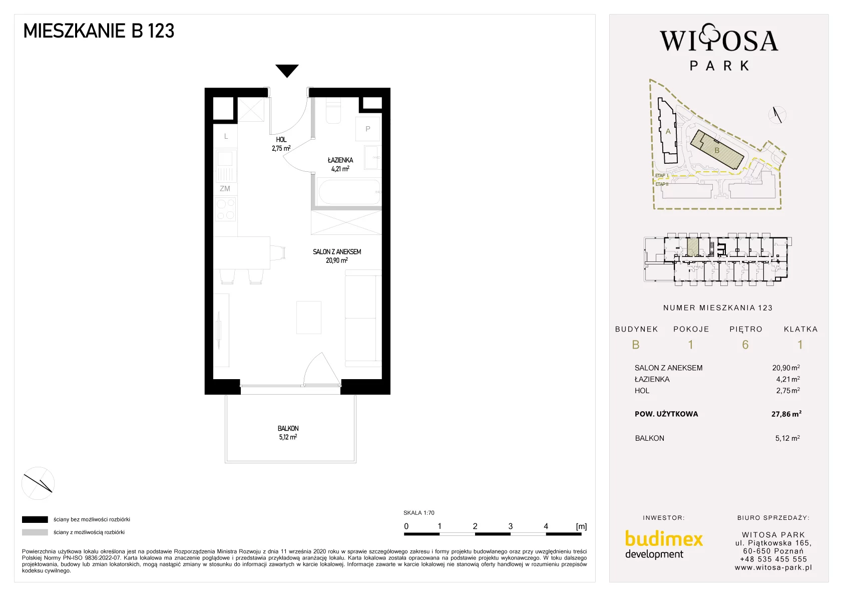 1 pokój, mieszkanie 27,86 m², piętro 6, oferta nr B/123, Witosa Park, Poznań, Winiary, Winiary, ul. Piątkowska 165 A-B