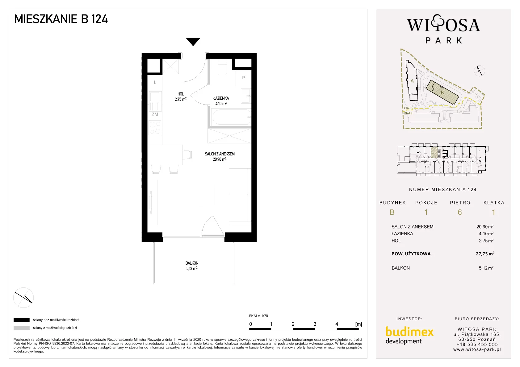 1 pokój, mieszkanie 27,75 m², piętro 6, oferta nr B/124, Witosa Park, Poznań, Winiary, Winiary, ul. Piątkowska 165 A-B