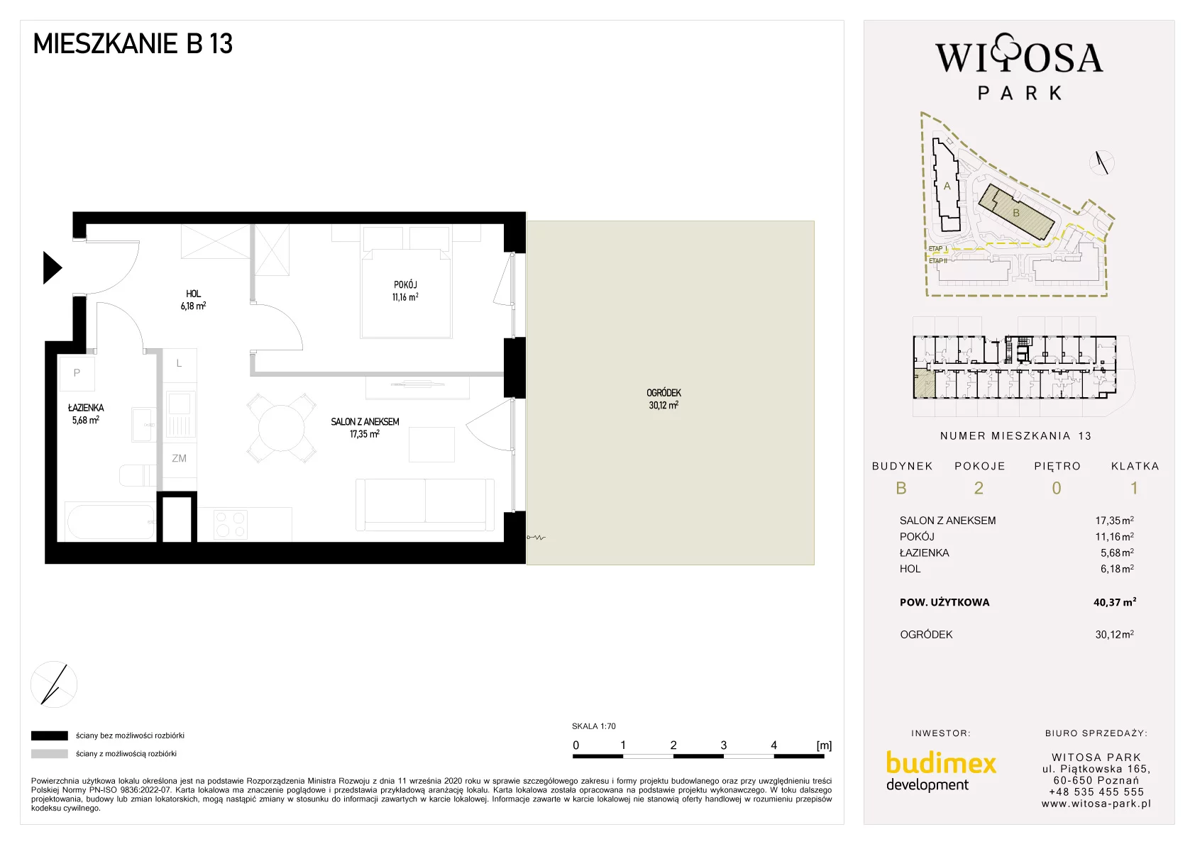 2 pokoje, mieszkanie 40,37 m², parter, oferta nr B/13, Witosa Park, Poznań, Winiary, Winiary, ul. Piątkowska 165 A-B