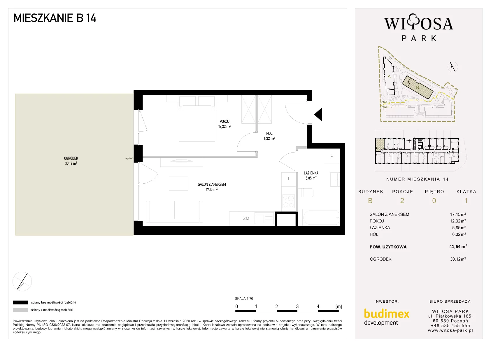 2 pokoje, mieszkanie 41,64 m², parter, oferta nr B/14, Witosa Park, Poznań, Winiary, Winiary, ul. Piątkowska 165 A-B