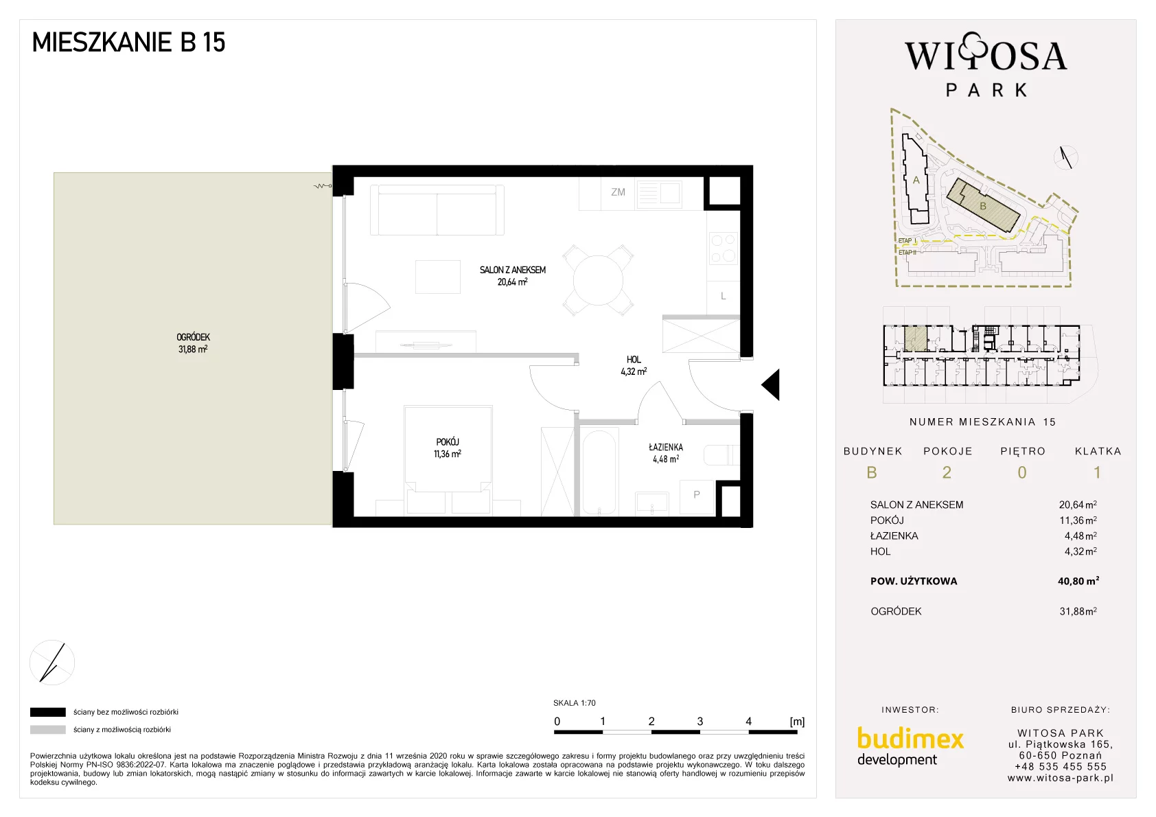 2 pokoje, mieszkanie 40,80 m², parter, oferta nr B/15, Witosa Park, Poznań, Winiary, Winiary, ul. Piątkowska 165 A-B