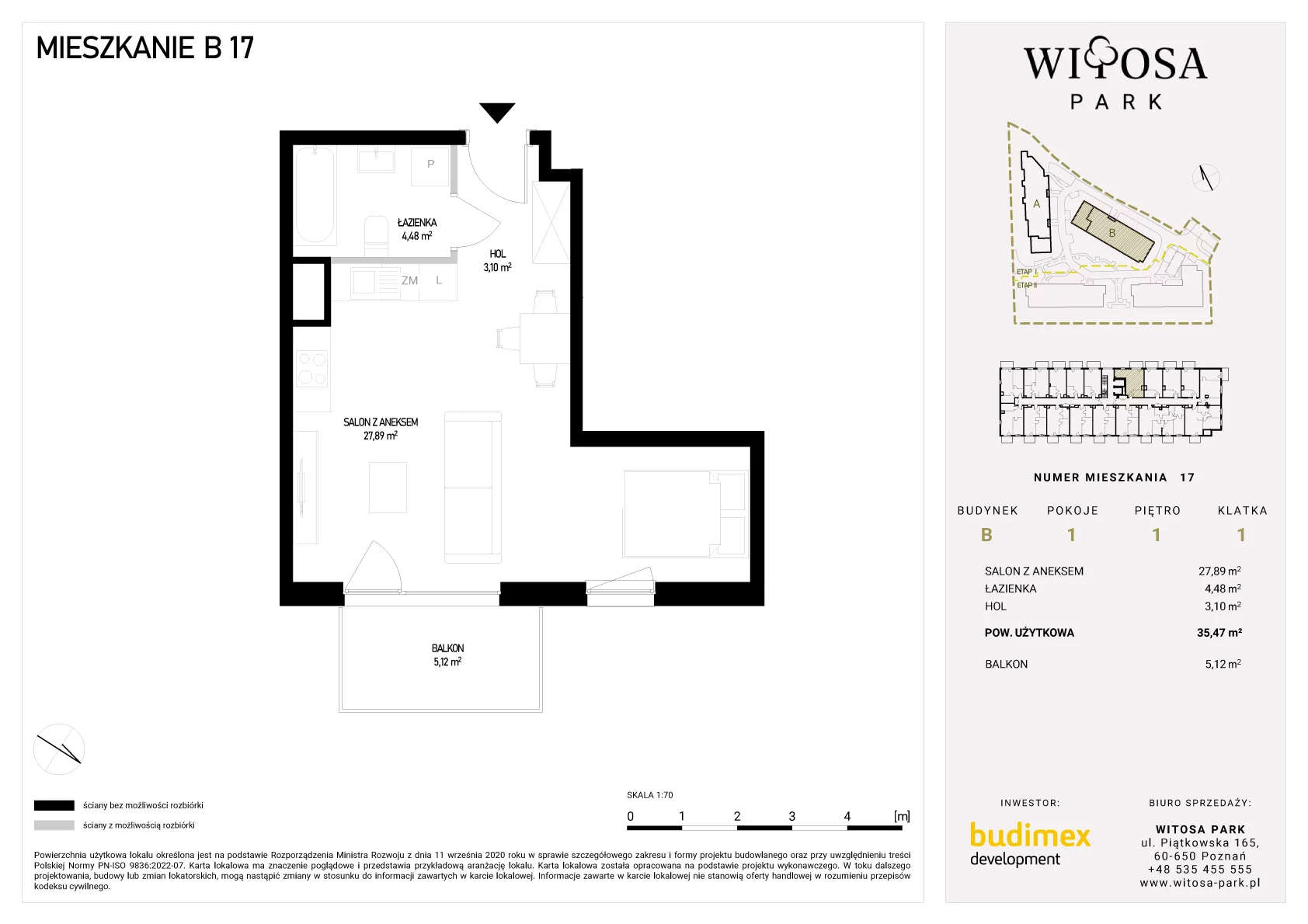 1 pokój, mieszkanie 35,47 m², piętro 1, oferta nr B/17, Witosa Park, Poznań, Winiary, Winiary, ul. Piątkowska 165 A-B