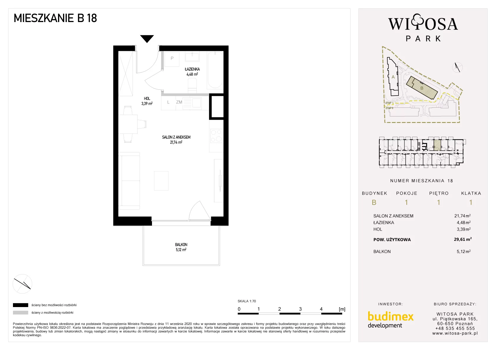 1 pokój, mieszkanie 29,61 m², piętro 1, oferta nr B/18, Witosa Park, Poznań, Winiary, Winiary, ul. Piątkowska 165 A-B