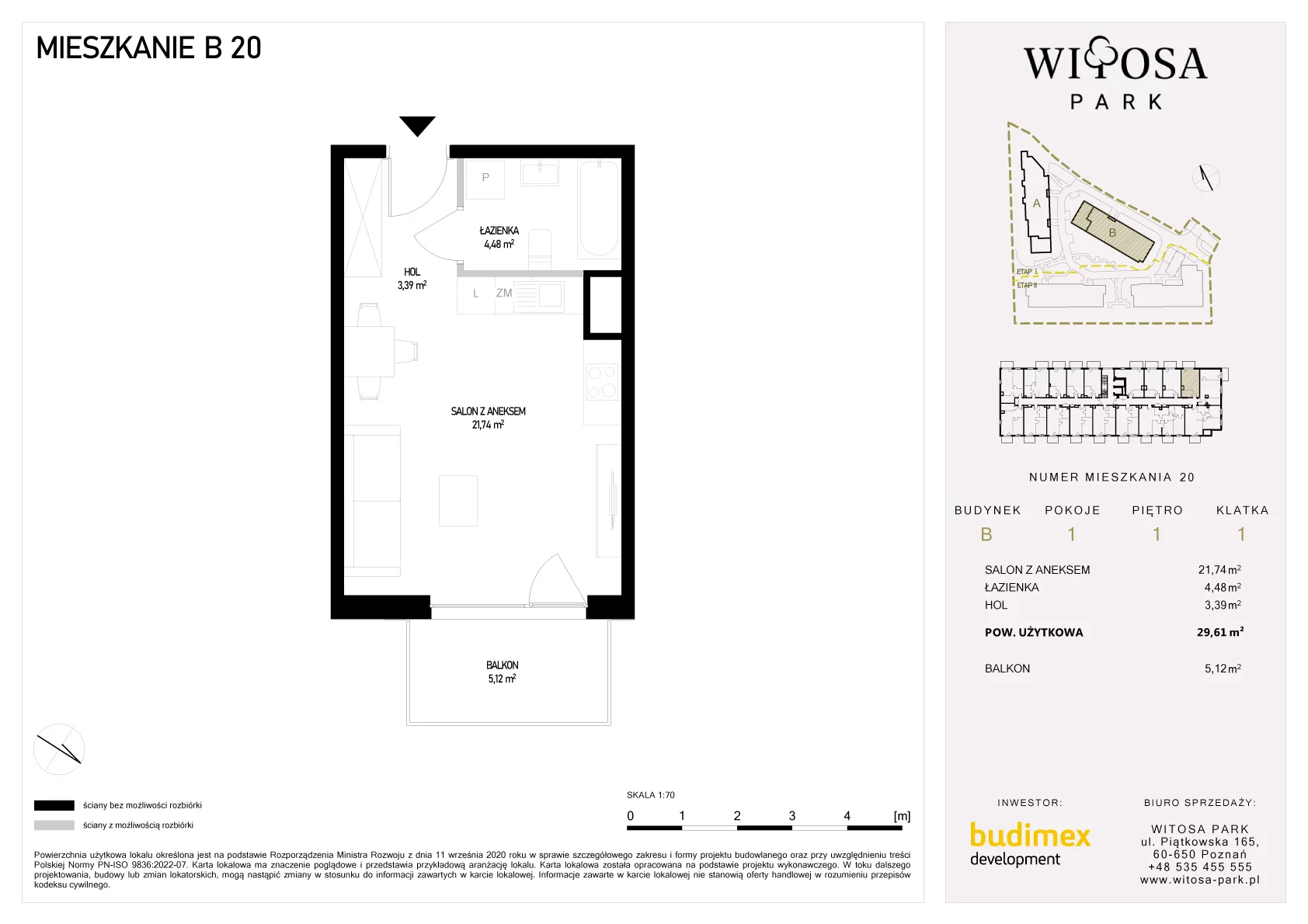 1 pokój, mieszkanie 29,61 m², piętro 1, oferta nr B/20, Witosa Park, Poznań, Winiary, Winiary, ul. Piątkowska 165 A-B