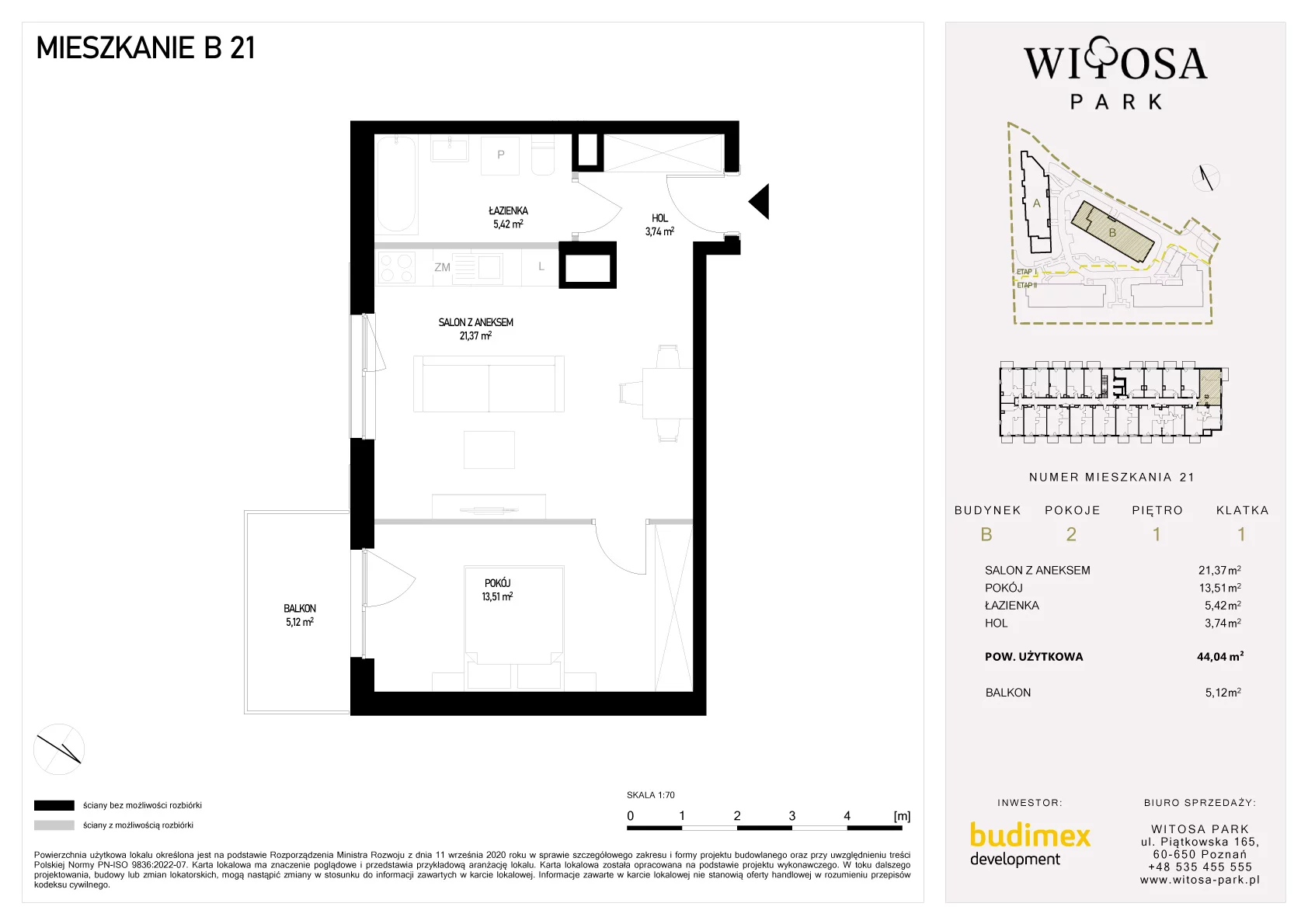2 pokoje, mieszkanie 44,04 m², piętro 1, oferta nr B/21, Witosa Park, Poznań, Winiary, Winiary, ul. Piątkowska 165 A-B