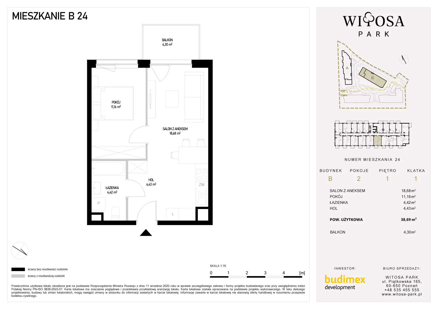 2 pokoje, mieszkanie 38,69 m², piętro 1, oferta nr B/24, Witosa Park, Poznań, Winiary, Winiary, ul. Piątkowska 165 A-B