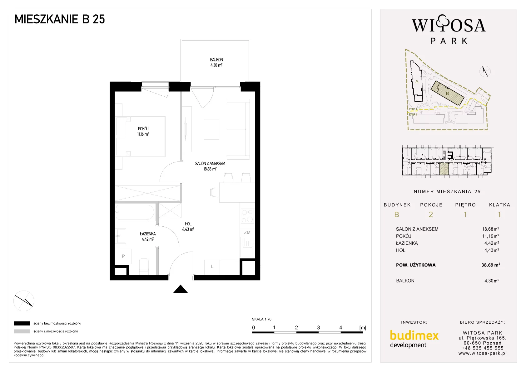 2 pokoje, mieszkanie 38,69 m², piętro 1, oferta nr B/25, Witosa Park, Poznań, Winiary, Winiary, ul. Piątkowska 165 A-B
