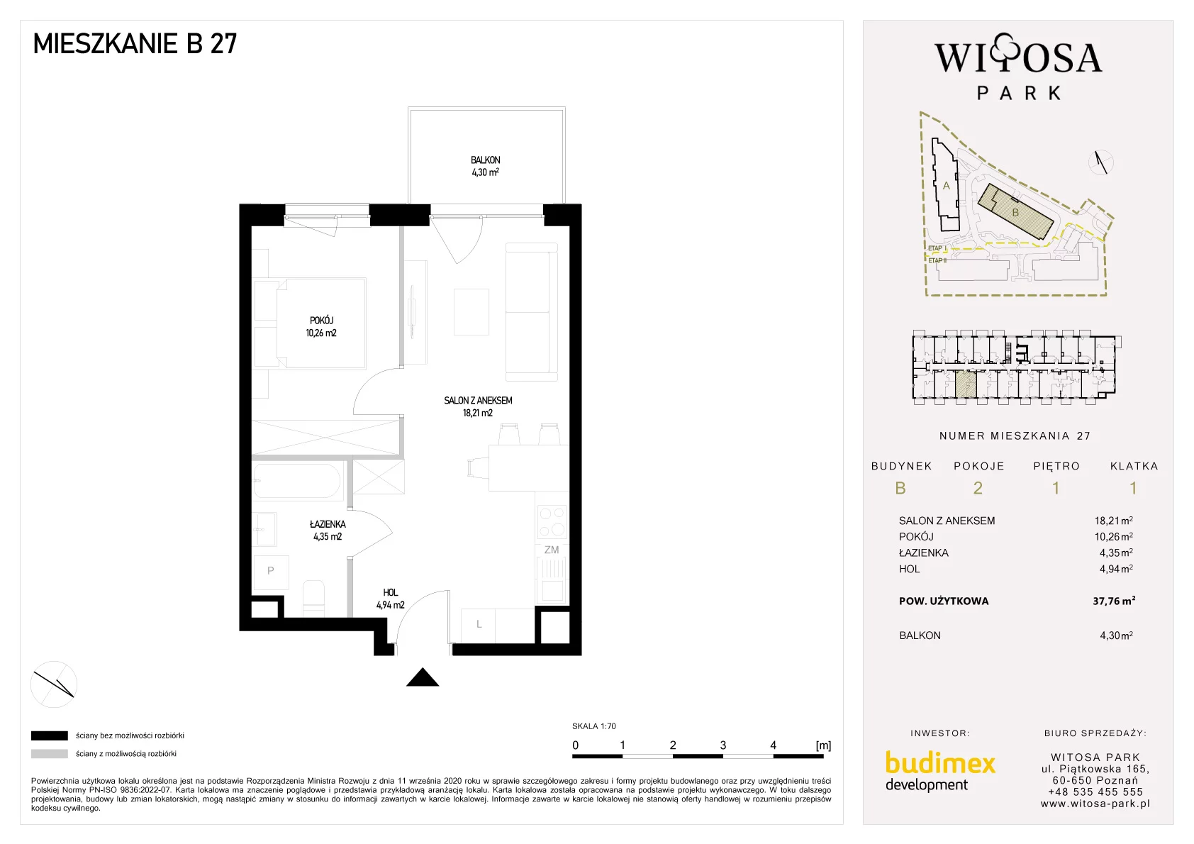 2 pokoje, mieszkanie 37,76 m², piętro 1, oferta nr B/27, Witosa Park, Poznań, Winiary, Winiary, ul. Piątkowska 165 A-B