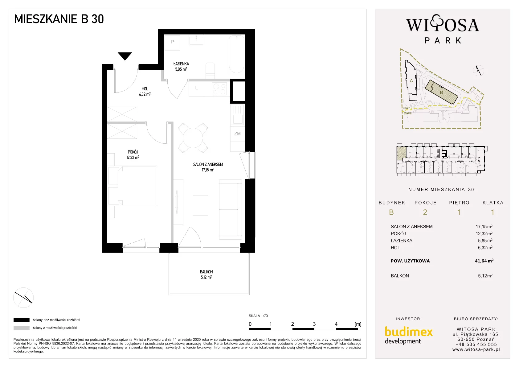 2 pokoje, mieszkanie 41,64 m², piętro 1, oferta nr B/30, Witosa Park, Poznań, Winiary, Winiary, ul. Piątkowska 165 A-B