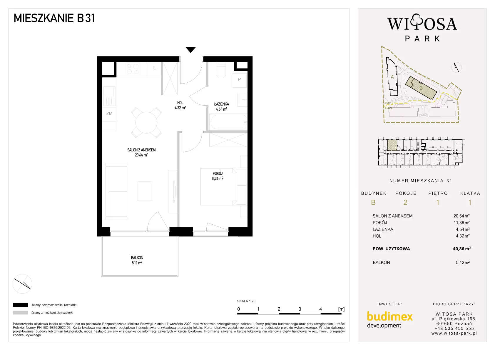 2 pokoje, mieszkanie 40,86 m², piętro 1, oferta nr B/31, Witosa Park, Poznań, Winiary, Winiary, ul. Piątkowska 165 A-B