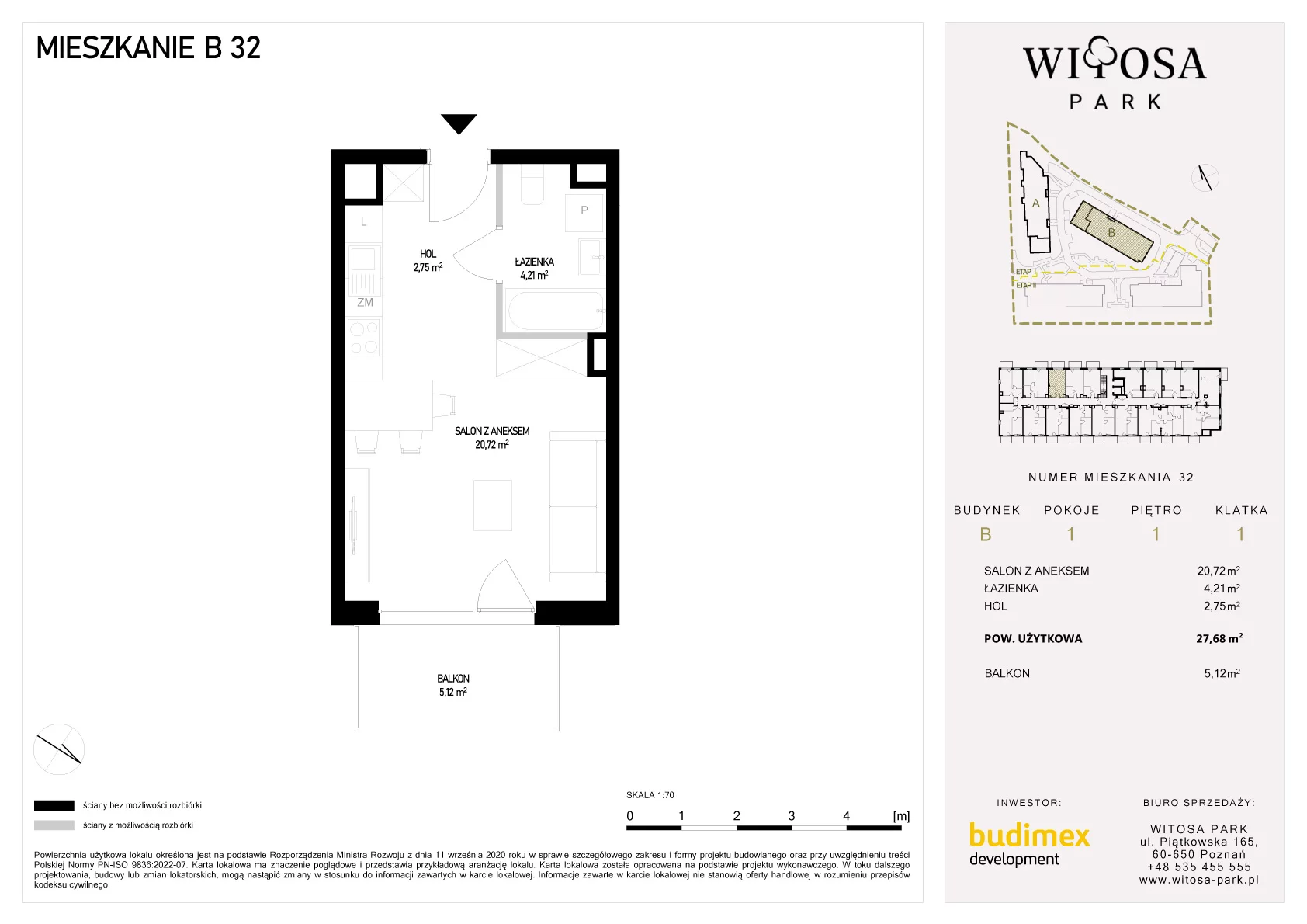 1 pokój, mieszkanie 27,86 m², piętro 1, oferta nr B/33, Witosa Park, Poznań, Winiary, Winiary, ul. Piątkowska 165 A-B