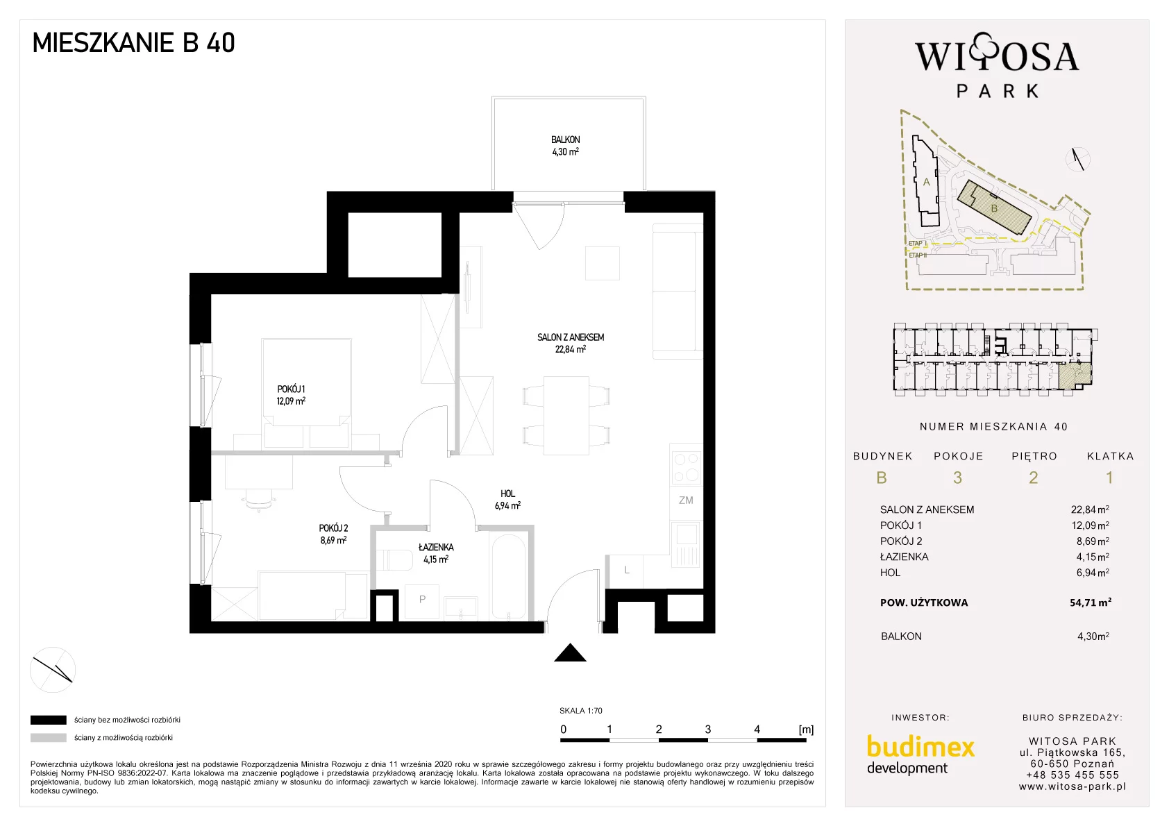 3 pokoje, mieszkanie 54,71 m², piętro 2, oferta nr B/40, Witosa Park, Poznań, Winiary, Winiary, ul. Piątkowska 165 A-B