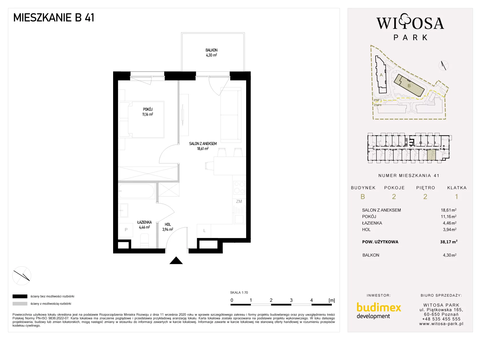 2 pokoje, mieszkanie 38,17 m², piętro 2, oferta nr B/41, Witosa Park, Poznań, Winiary, Winiary, ul. Piątkowska 165 A-B