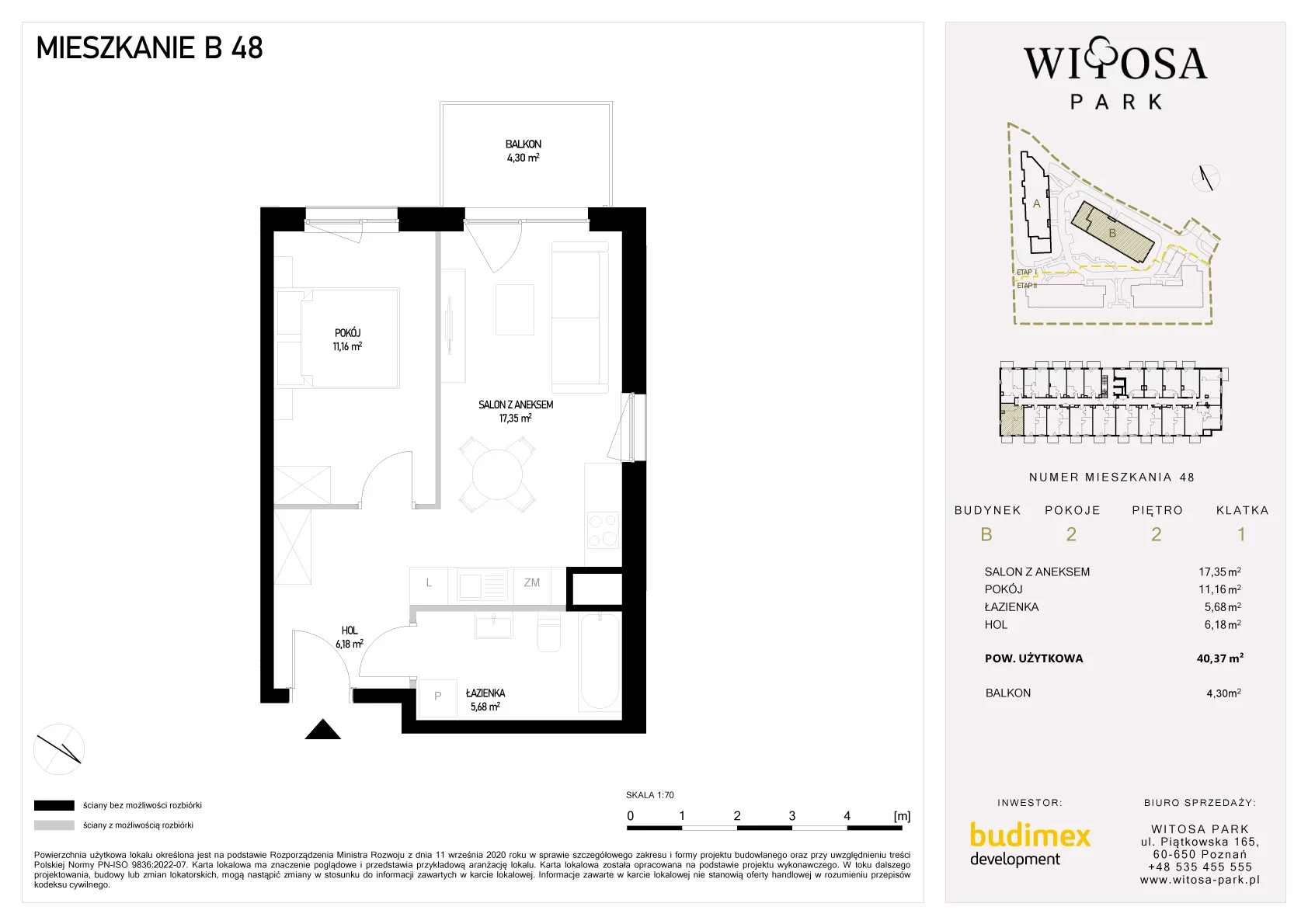 2 pokoje, mieszkanie 40,37 m², piętro 2, oferta nr B/48, Witosa Park, Poznań, Winiary, Winiary, ul. Piątkowska 165 A-B