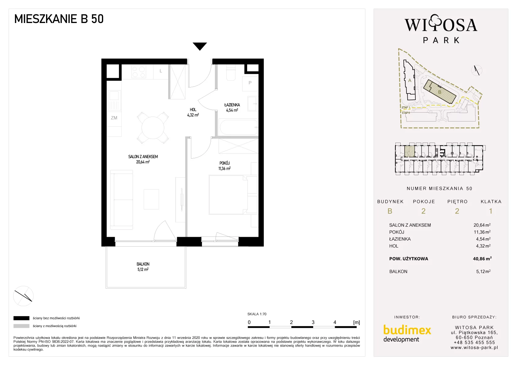 2 pokoje, mieszkanie 40,86 m², piętro 2, oferta nr B/50, Witosa Park, Poznań, Winiary, Winiary, ul. Piątkowska 165 A-B