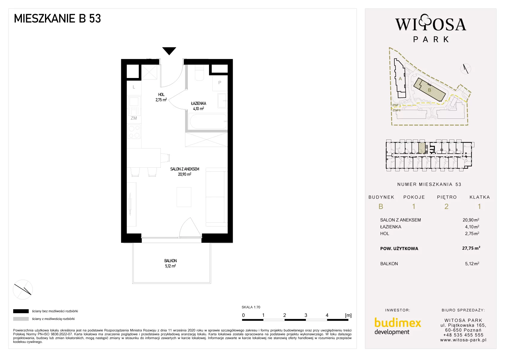 1 pokój, mieszkanie 27,75 m², piętro 2, oferta nr B/53, Witosa Park, Poznań, Winiary, Winiary, ul. Piątkowska 165 A-B