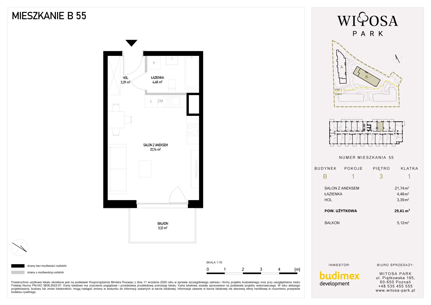 1 pokój, mieszkanie 29,61 m², piętro 3, oferta nr B/55, Witosa Park, Poznań, Winiary, Winiary, ul. Piątkowska 165 A-B