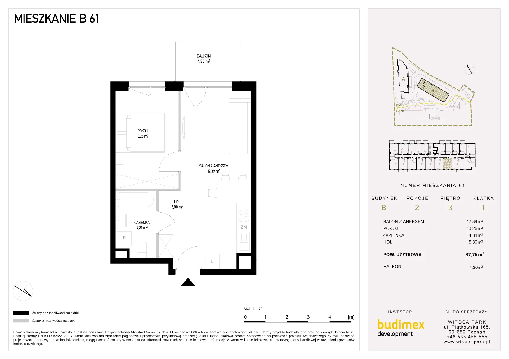 2 pokoje, mieszkanie 37,76 m², piętro 3, oferta nr B/61, Witosa Park, Poznań, Winiary, Winiary, ul. Piątkowska 165 A-B