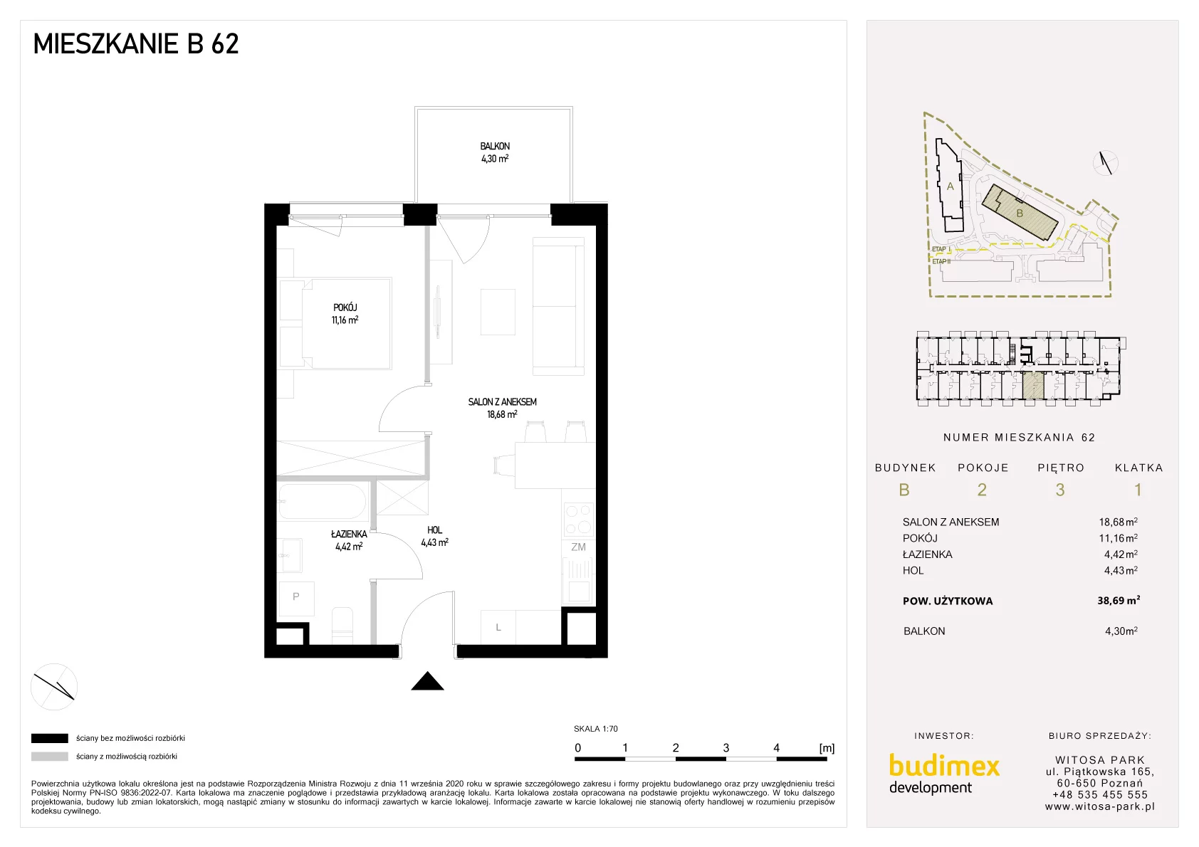 2 pokoje, mieszkanie 38,69 m², piętro 3, oferta nr B/62, Witosa Park, Poznań, Winiary, Winiary, ul. Piątkowska 165 A-B