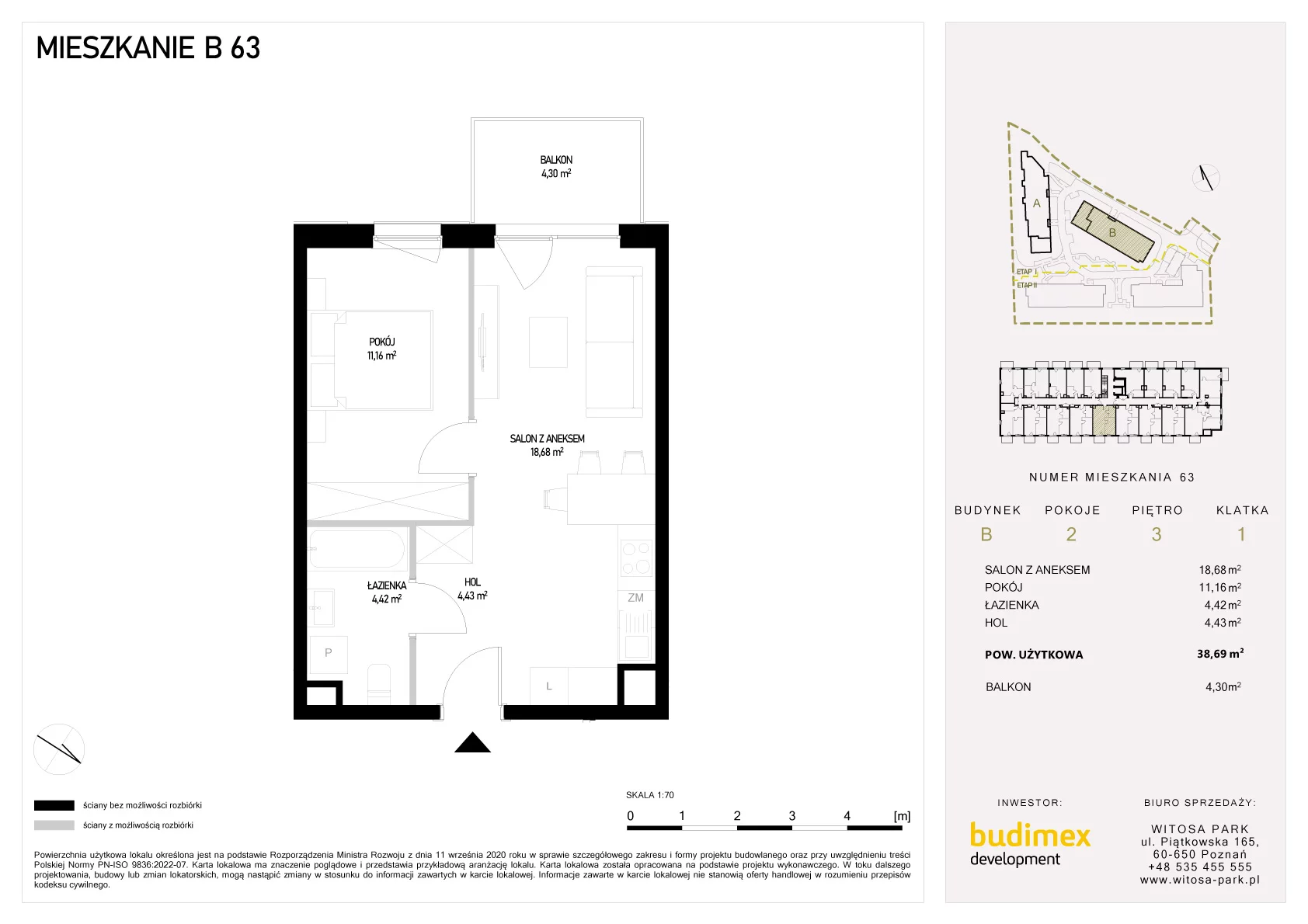 2 pokoje, mieszkanie 38,69 m², piętro 3, oferta nr B/63, Witosa Park, Poznań, Winiary, Winiary, ul. Piątkowska 165 A-B