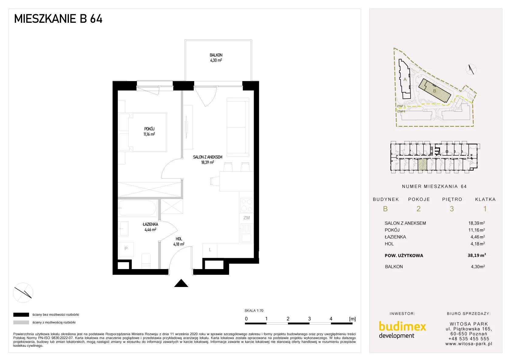 2 pokoje, mieszkanie 38,19 m², piętro 3, oferta nr B/64, Witosa Park, Poznań, Winiary, Winiary, ul. Piątkowska 165 A-B