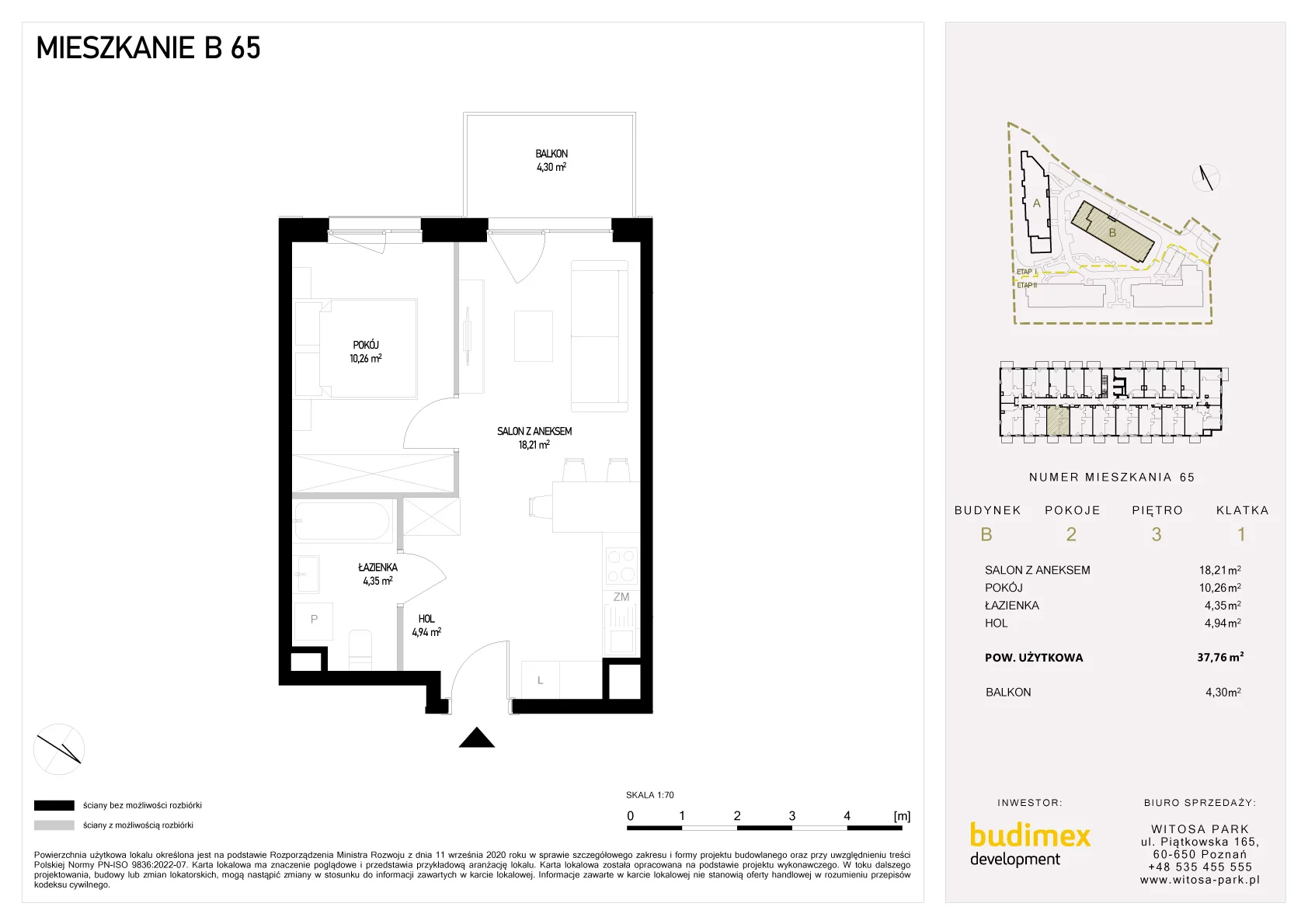 2 pokoje, mieszkanie 37,76 m², piętro 3, oferta nr B/65, Witosa Park, Poznań, Winiary, Winiary, ul. Piątkowska 165 A-B